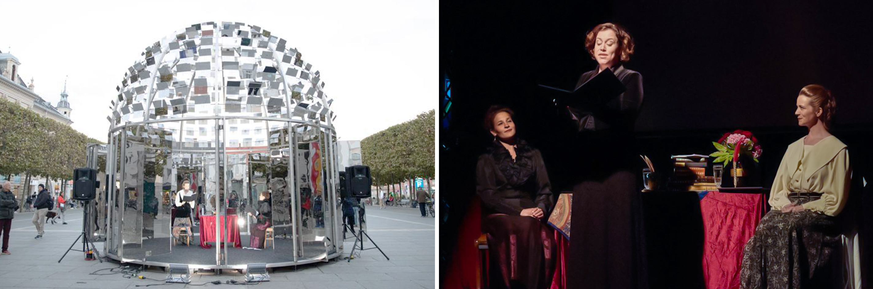 Past performances of the play at Austrian Bahá’í National Centre (left) and the Ingeborg Bachmann Dome at the center of Klagenfurt.