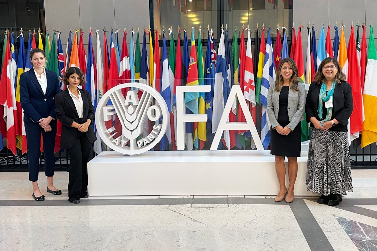 (De izquierda a derecha) Representantes de la Oficina de la Comunidad Internacional Bahá’í en Ginebra: Gabriela Rawhani, Arezoo Taormina, Simin Fahandej y Sanem Kavrul, investigadora que trabaja con organizaciones de inspiración bahá’í en el África subsahariana.