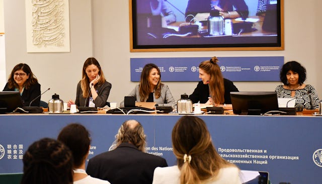 Participants of the BIC panel (from left): Sanem Kavrul, researcher working with Bahá’í-inspired organizations in sub-Sahara Africa; Diana Lenzi, young farmer and President of the European Council of Young Farmers (CEJA); Simin Fahandej of the BIC Geneva Office; Genna Tesdall, Director of Young Professionals for Agricultural Development (YPARD); and Christina Petracchi, Head of the FAO e-Learning Unit.