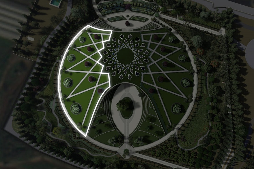 A rendering of the design concept for the Shrine, highlighting the west berm.