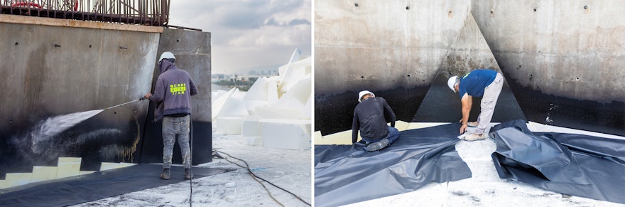 The folding wall of the west berm receives additional waterproofing to ensure that water cannot enter the plaza level.