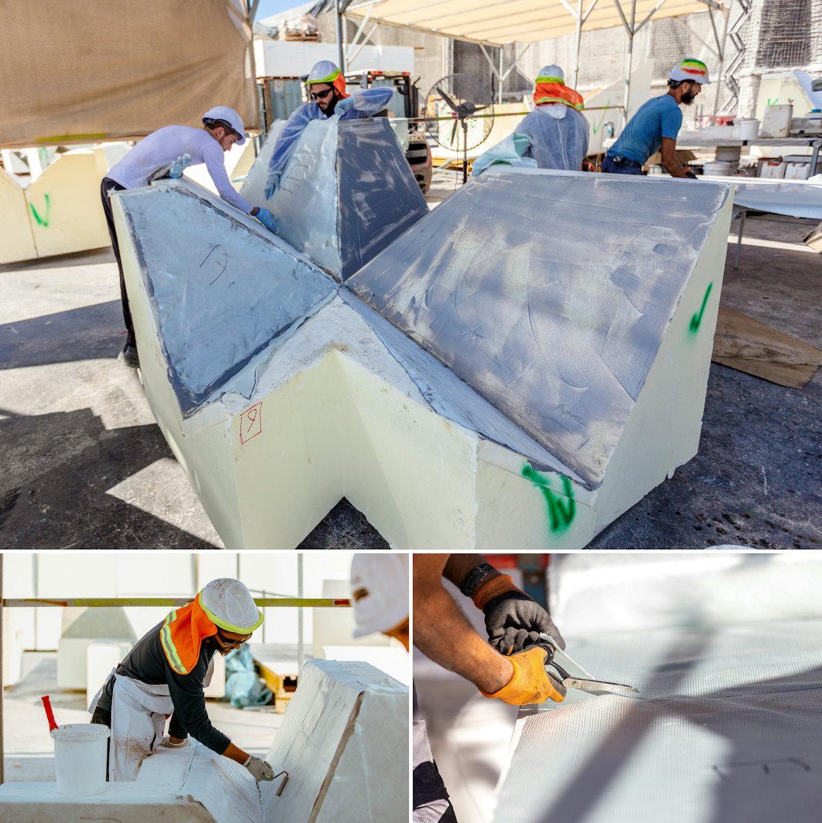 The formwork for the trellis is being prepared on site. EPS blocks are cut to the precise dimensions required for the trellis. The blocks are then reinforced with fiberglass allowing workers to walk on the forms while installing rebar, preparing the way for the concrete pour.