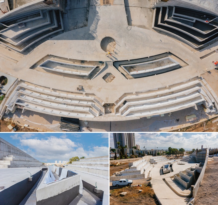 Las jardineras de la Plaza Norte están casi terminadas. Se han recubierto con un material negro impermeablilizante, que se ha cubierto ahora para proteger esa capa de los daños del sol.