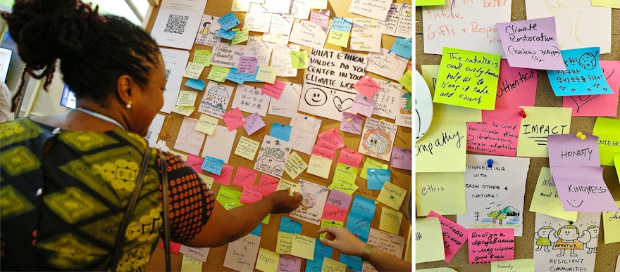 Un stand preparado por la Comunidad Internacional Bahá’í que se invitaba a los participantes a describir los valores necesarios para la protección del medio ambiente. (Fotografía: Kiara Worth)