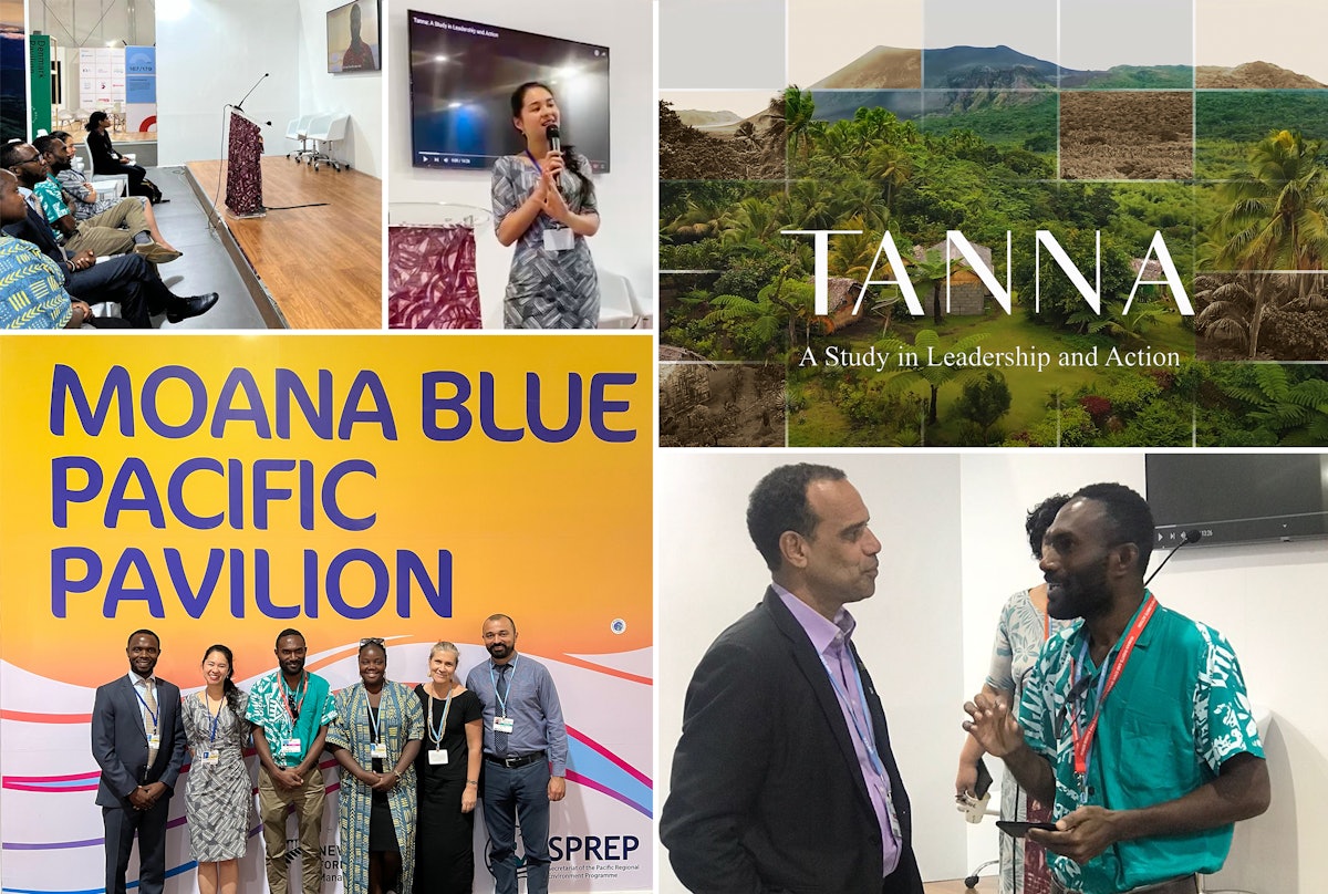 Proyección del cortometraje de la Comunidad Internacional Bahá’í Tanna: Estudio sobre el liderazgo y la acción. Imagen inferior derecha, izquierda: Ralph Regenvanu, ministro de Adaptación al Cambio Climático de Vanuatu.