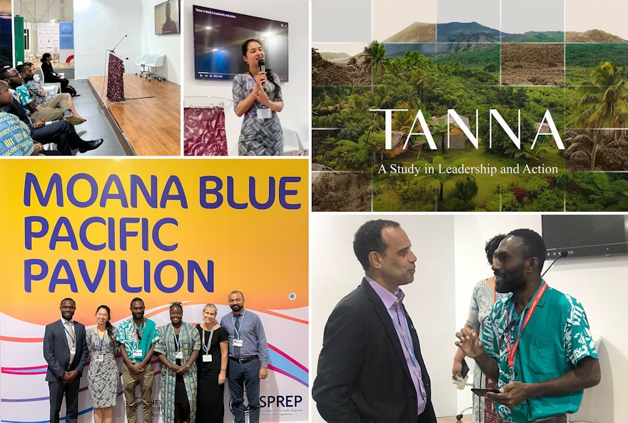 Показ фильма МСБ «Танна: исследование лидерства и действия». Нижнее фото справа: Ральф Регенвану, министр Вануату по адаптации к изменению климата (слева).