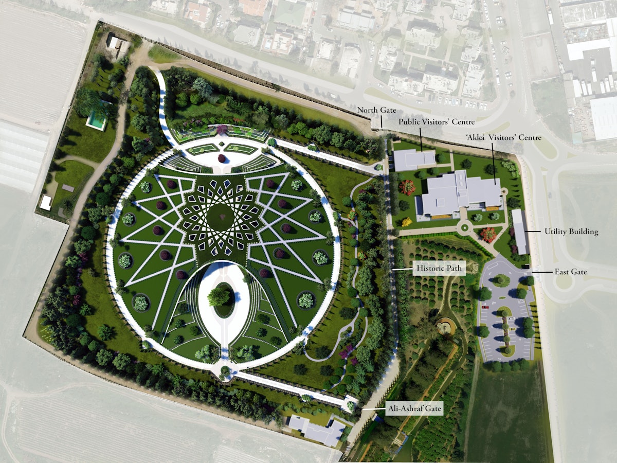 (Design rendering) Pilgrims and visitors will proceed from the Visitors’ Centre down the historic path (centre-right) that has existed at least since the time of ‘Abdu’l-Bahá.
