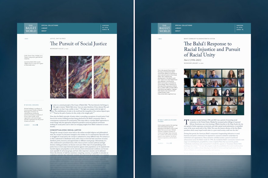 Новые статьи на веб-сайте Мир бахаи исследуют стремление к установлению социальной справедливости.