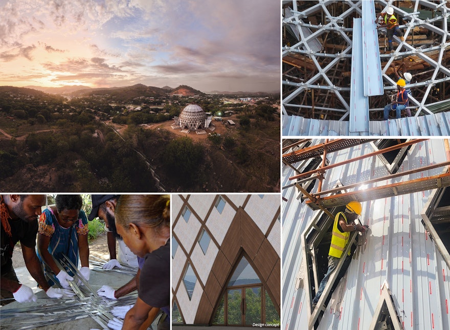 La naciente Casa de Adoración bahá’í de Papúa Nueva Guinea ―que representa la unión de la adoración y el servicio― impulsó a los residentes de los alrededores a colaborar en un proyecto de trenzado como parte de la construcción de ese templo.