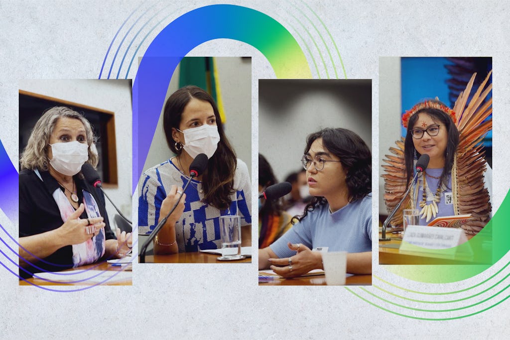 The participants of the public hearing included (left-to-right): Erika Kokay, Federal Deputy of the lower house of Congress in Brazil; Luiza Cavalcanti and Renata Bahrampour, members of Brazil’s Bahá’í Office of External Affairs; and Daiara Tukano, indigenous artist and human rights researcher.