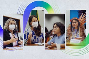 The participants of the public hearing included (left-to-right): Erika Kokay, Federal Deputy of the lower house of Congress in Brazil; Luiza Cavalcanti and Renata Bahrampour, members of Brazil’s Bahá’í Office of External Affairs; and Daiara Tukano, indigenous artist and human rights researcher.