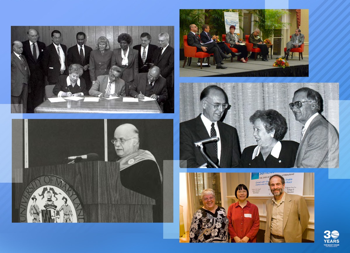 Historical images of the Bahá’í Chair’s participation in peace and education dialogue over the past 30 years. Seen in the top-left image is the signing of the memorandum of understanding to establish the Bahá’í Chair signed by the University of Maryland College Park and the National Spiritual Assembly of the  Bahá’ís of the United States. Bottom-left, right: Professor Suheil Bushrui; Bottom-right, far right: Professor John Grayzel.