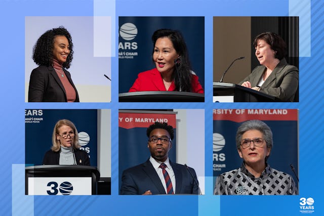 Some of the speakers at the event commemorating the anniversary included (from left to right, top to bottom): Ashli Taylor, graduate of the University of Maryland and the Vermont Law School; Sein M. Chew, President and CEO of Unity Asset Management; Susan Rivera, Dean of the University of Maryland’s College of Behavioral and Social Sciences; Jennifer King Rice, Senior Vice President and Provost of the University of Maryland; Rashawn Ray, Professor at the University of Maryland; and Hoda Mahmoudi, Professor and holder of the Bahá’í Chair for World Peace at the University of Maryland.