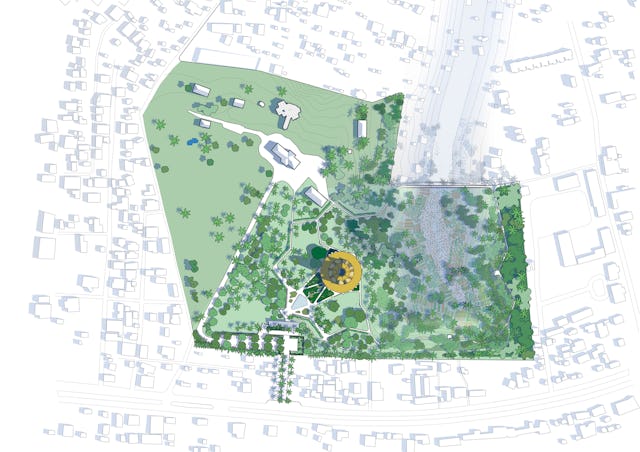 A rendering of the temple site amongst the surrounding urban landscape.