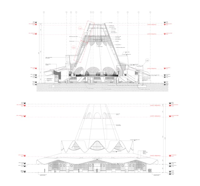 A section drawing showing the temple’s interior (top) and an elevation drawing of the temple’s exterior (bottom).