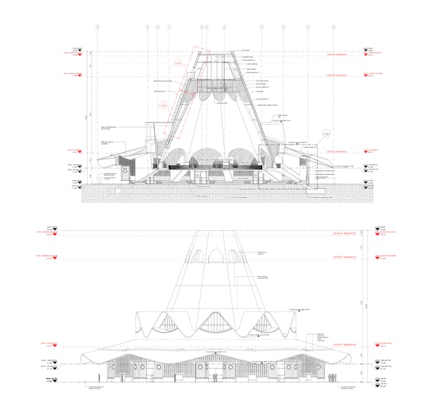 Un plano de sección que muestra el interior del templo (arriba) y un plano en alzado del exterior del templo (abajo).