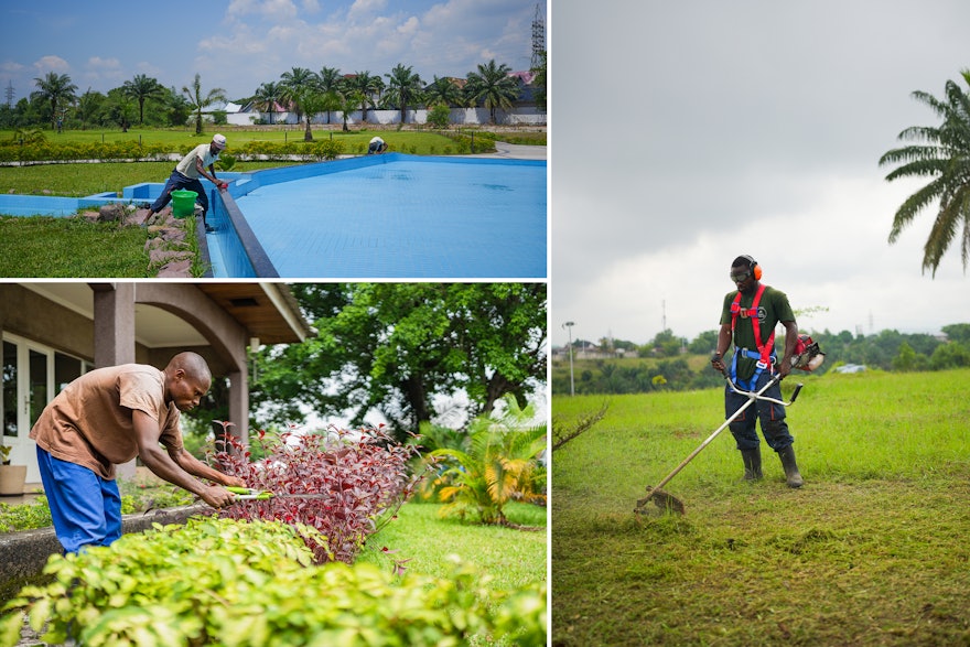 Des bénévoles préparent les jardins environnants et la fontaine sur le site du temple.