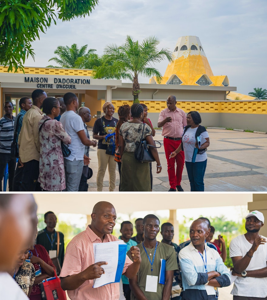 El director del templo, Bob Mpunga Tshimanga, y los acomodadores discuten los planes para la inauguración.