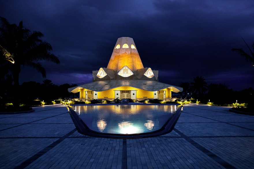 A view of the temple at night.