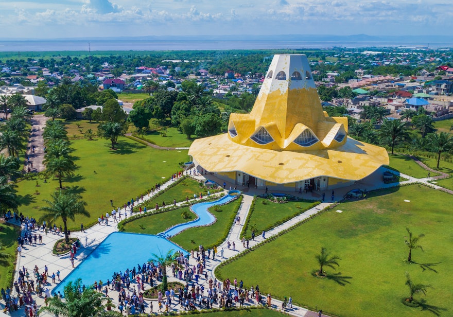 Aerial image of participants walking the temple grounds.