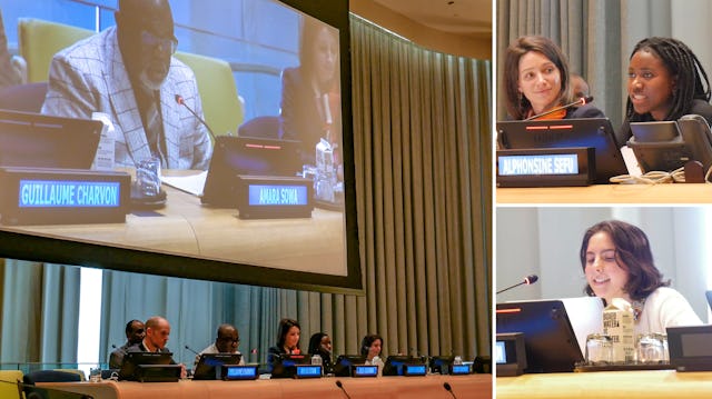 Alphonsine Sefu (en haut à droite, à gauche) et Elizabeth Moshirian (en bas à droite), délégués du BIC, s’exprimant lors de la session matinale du Forum de la société civile de l’ONU qui s’est tenue pendant la Commission.