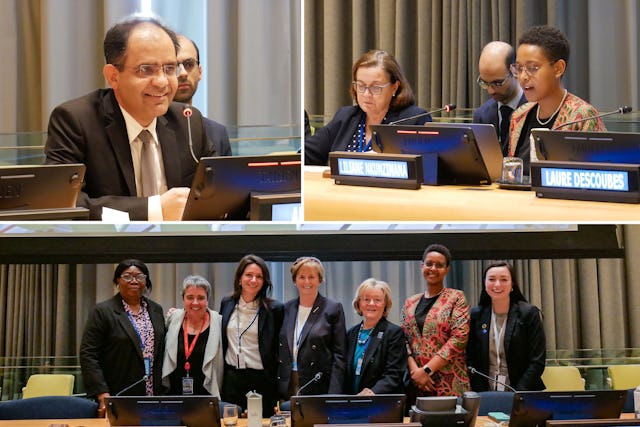 Arash Fazli (en haut à gauche) et Liliane Nkunzimana (en haut à droite, à droite), délégués du BIC, s’exprimant lors d’un évènement à la Commission du développement social des Nations unies. Les membres du comité de la Commission des ONG pour le développement social sont visibles sur l’image du bas.