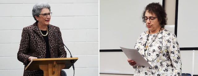 Hoda Mahmoudi (à gauche) lors d’un événement à l’église baptiste de Milledge Avenue, en compagnie de Carolyn Medina (à droite), professeur d’études religieuses et directrice de l’Institut d’études afro-américaines aux départements de religion de l’UGA.