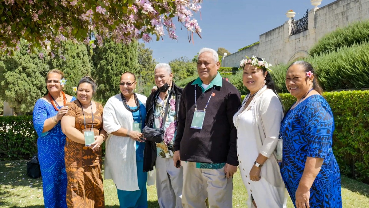 Representatives from the Pacific islands in the surrounding gardens of the Shrine of Bahá'u'lláh.