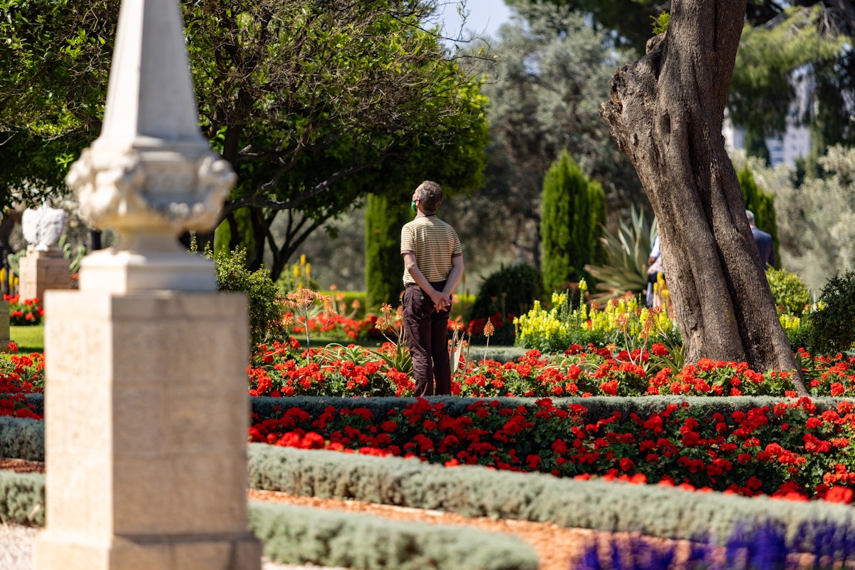 A delegate prays in the gardens surrounding the Shrine of Bahá'u'lláh.