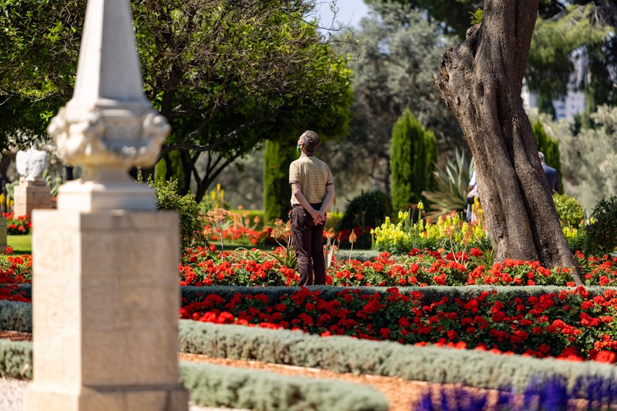 Délégué priant dans les jardins entourant le tombeau de Bahá’u’lláh.