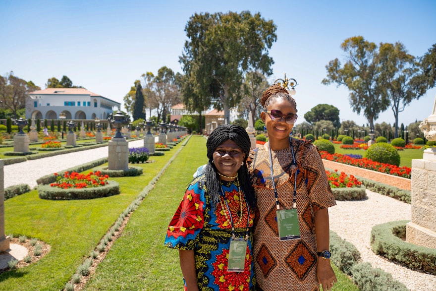 Delegates from Nigeria near the Shrine of Bahá'u'lláh.