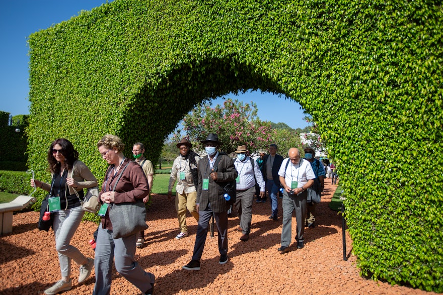 Representatives walk underneath an arched hedge in Báhji.