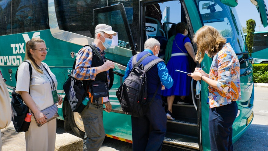 Participants leaving after their visit to the Shrine of Bahá'u'lláh.