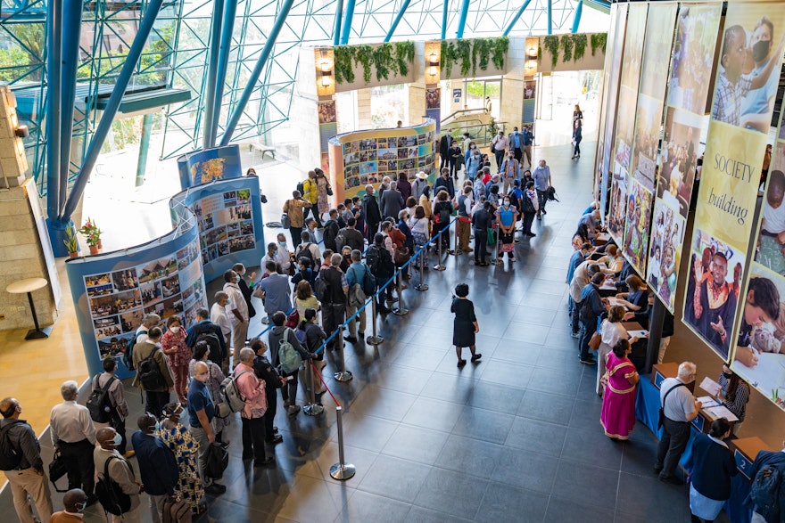 A section of the exhibit can be seen near the registration desks.