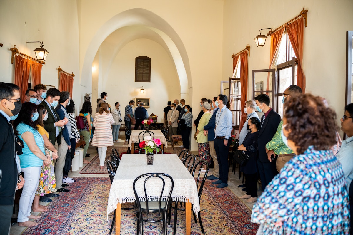 Delegates gather in the entrance hall of Mansion of Mazra‘ih.