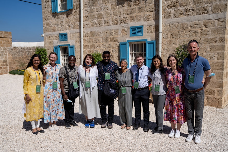 Delegates from Croatia, attending the first International Convention since the formation of their National Spiritual Assembly, join others from Sierra Leone at the Mansion of Mazra‘ih.