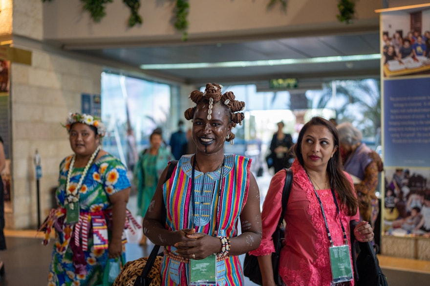 Delegates making their way into the Haifa International Convention Center to at the start of the 13th International Baha’i Convention.