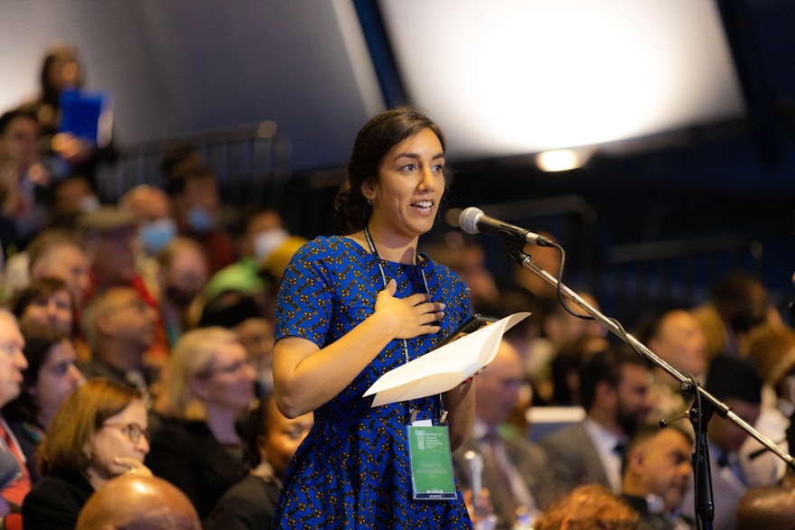 A representative from Belgium addresses delegates and other convention participants.