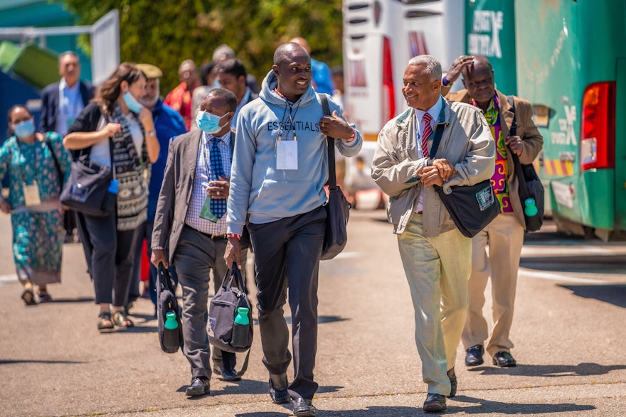 Delegates make their way to busses following the final session of the Convention.