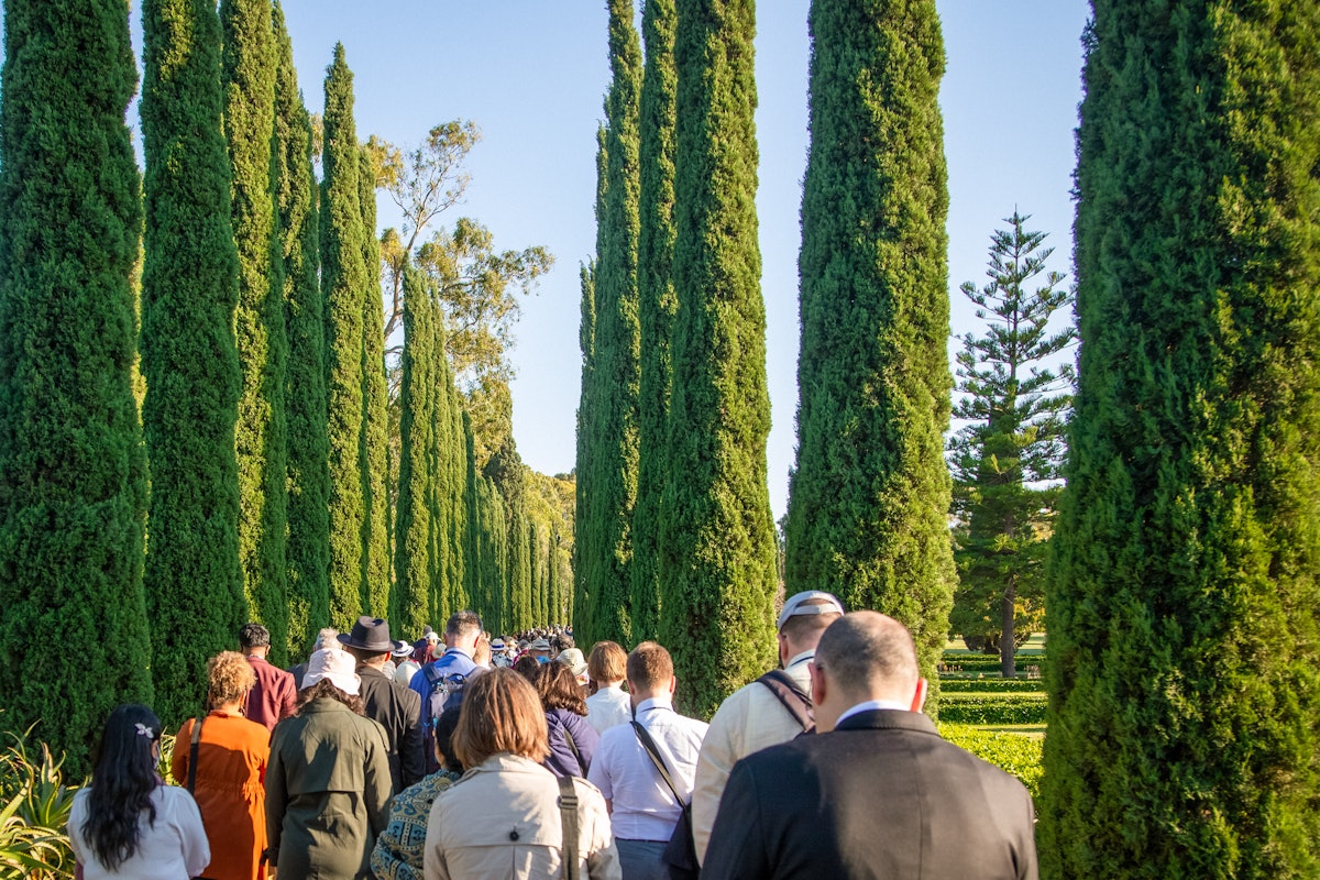 Convention participants walk between rows of cypress trees as they circumambulate the Shrine of Baháʼu’lláh.
