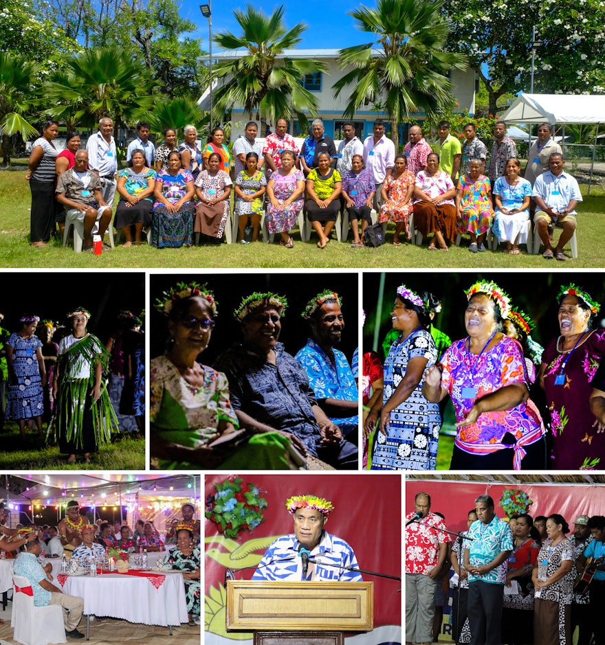 À Kiribati, les programmes du soir de la 57e convention nationale bahá’íe comportaient des dévotions et des danses traditionnelles. Lors d’un évènement distinct à la State Guest House, le président du pays (rangée du bas, au centre) a salué les délégués.
