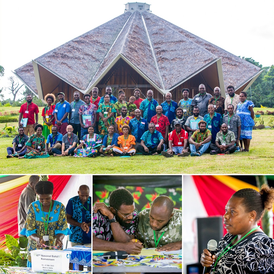 The delegates of the national convention for the Bahá’ís of Vanuatu at the local Bahá’í temple on the Island of Tanna.