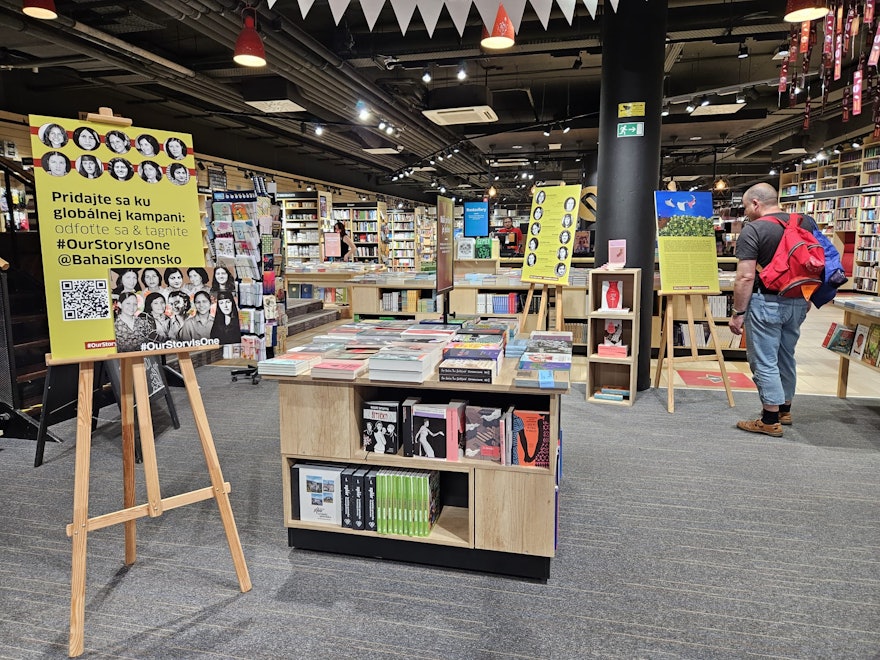 In Slovakia, in addition to an event held for the campaign, the country’s largest bookstore featured an exhibit of the Bahá’í women, together with paintings and works of art received for the “Our Story Is One” message.