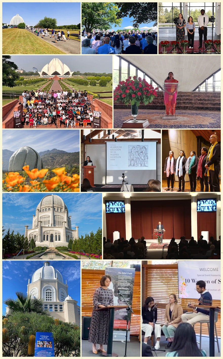 Se organizaron conmemoraciones en las Casas de Adoración bahá’í en Sídney (Australia); Santiago de Chile; Fránkfort (Alemania); Nueva Delhi (India); y Wilmette (Estados Unidos). Estos actos incorporaron también comentarios de representantes gubernamentales y diputados, personas destacadas así como presentaciones artísticas, música e historias compartidas por los familiares de las diez mujeres.