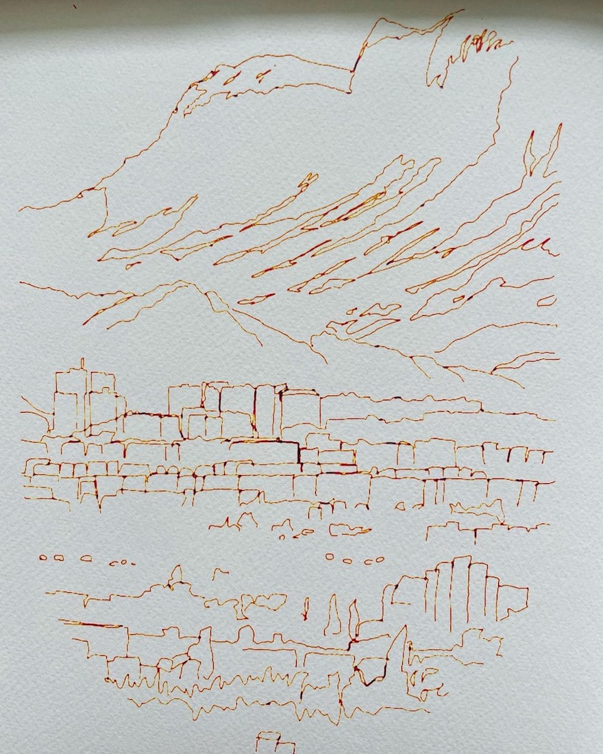 An artist produced a series of illustrations titled “Unfolding Emancipation.” In this sketch, the artist depicts the mountains of Shiraz, the city where the 10 Bahá’í women were executed in 1983.