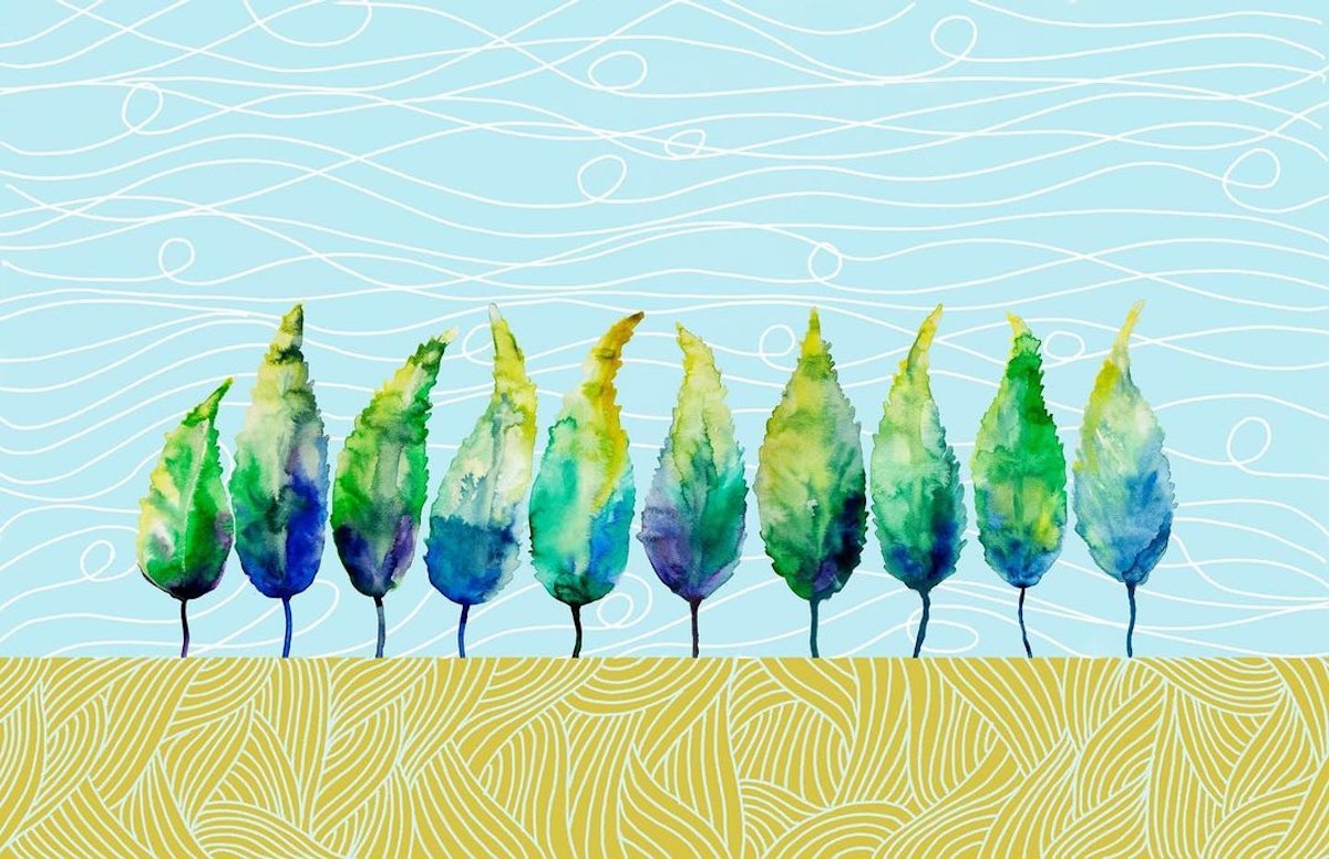 In this mixed-media piece, an artist from Italy depicts 10 cypress trees, which symbolize steadfastness and life in Persian culture.
