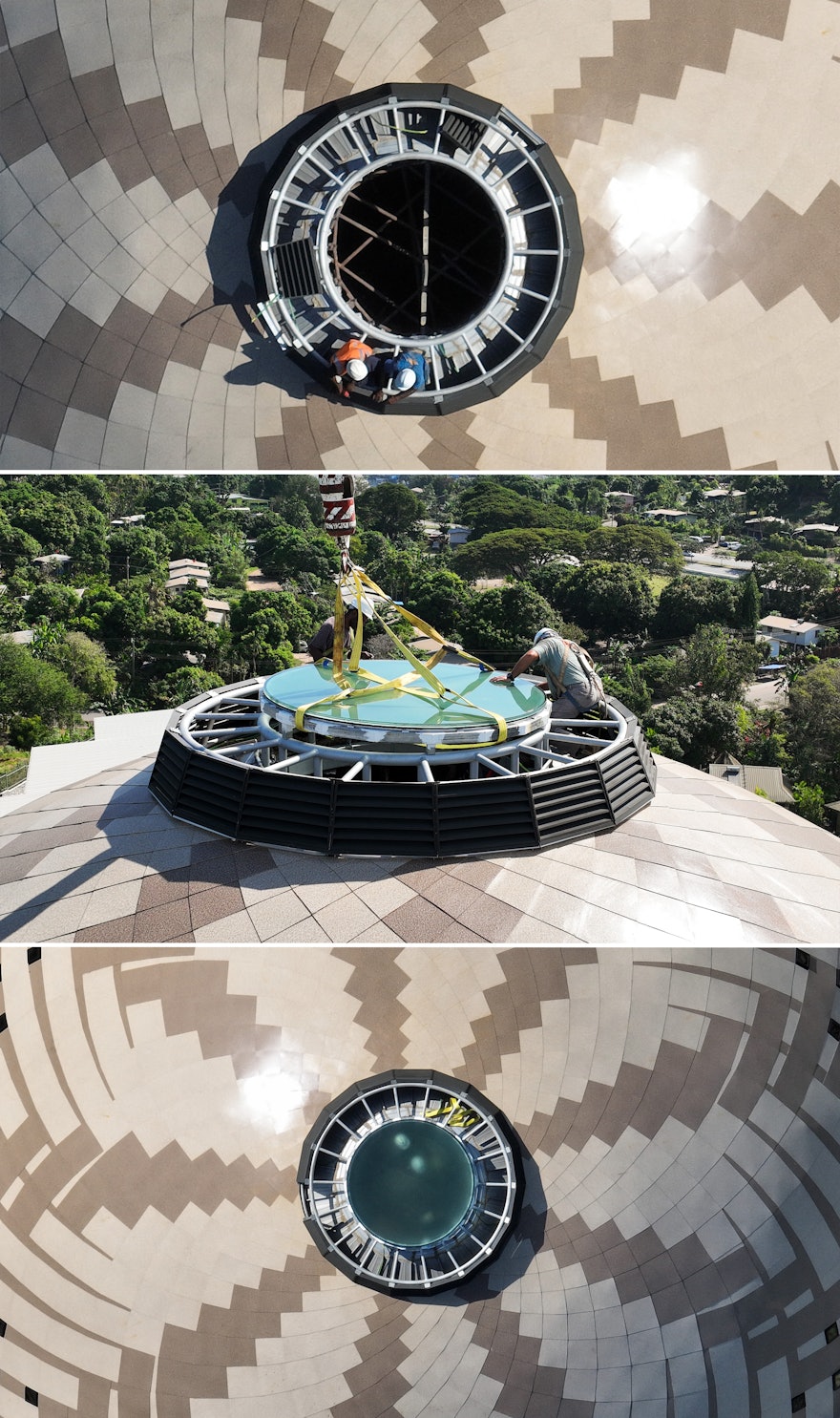 The glass oculus at the topmost point of the dome was carefully raised and placed in position.