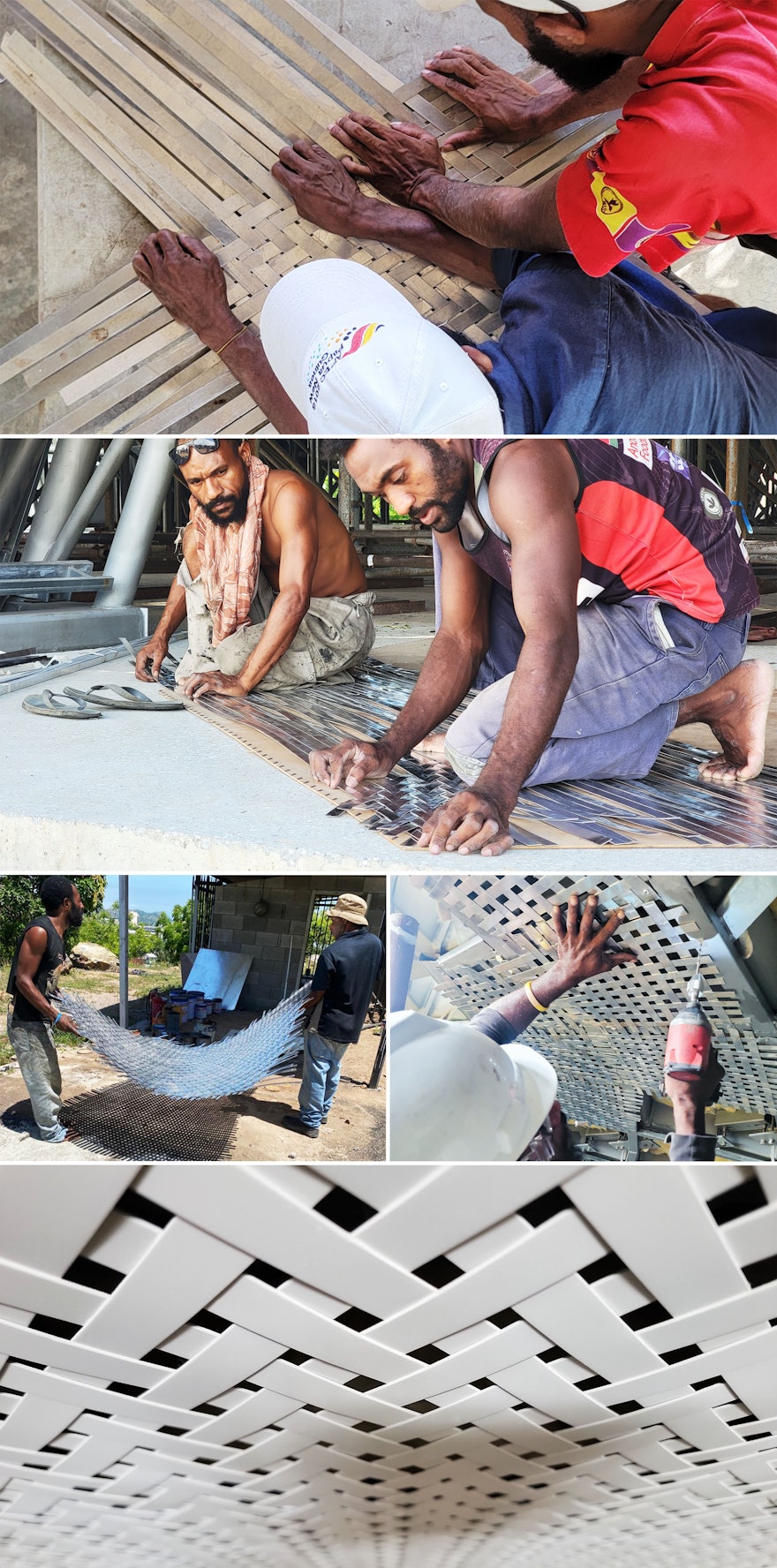 The 60 kilometers of aluminum strips that were woven in a community project were installed on the interior walls and ceiling of the House of Worship.