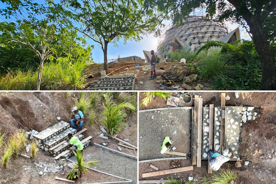 Continúan los trabajos en los escalones de piedras locales que conectan los caminos peatonales con la Casa de Adoración.