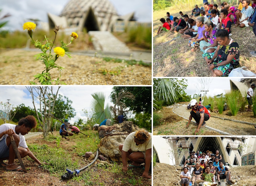 Residents from surrounding communities regularly gather at the temple site to pray and assist with various tasks.